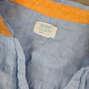 Sigrid Olsen Light Blue Linen Button-Down with Orange Trim